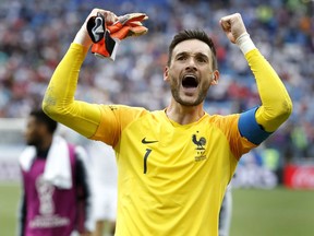 France goalkeeper Hugo Lloris celebrates after the quarterfinal match between Uruguay and France at the 2018 soccer World Cup in the Nizhny Novgorod Stadium, in Nizhny Novgorod, Russia, Friday, July 6, 2018. France defeated Uruguay by 2-0.