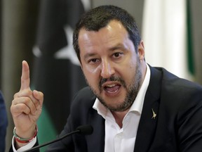 Italian Interior Minister Matteo Salvini makes a point during a joint press conference with Vice President of Libyan Parliamentary Council Ahmed Maitig, in Rome, Thursday, July 5, 2018.