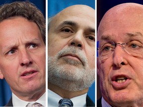 Former Treasury Secretary and New York Federal Reserve Bank President Timothy Geithner, left to right, former U.S. Federal Reserve chairman Ben Bernanke and former Treasury Secretary Henry Paulson all expressed concerns about America’s ability to combat another financial meltdown 10 years after they played prominent roles battling the last one.