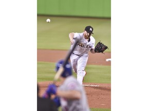 Miami Marlins' Dan Straily delivers a pitch during the first inning of a baseball game against the New York Mets in Miami, Sunday, July 1, 2018.