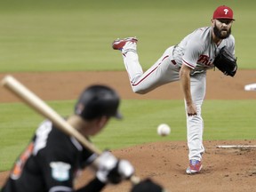 Philadelphia Phillies starting pitcher Jake Arrieta delivers during the first inning of the team's baseball game against the Miami Marlins, Friday, July 13, 2018, in Miami.
