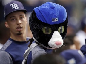 Tampa Bay Rays' Chris Archer wears the "DJ Kitty" mascot head given to fans during a baseball game against the Miami Marlins as Blake Snell looks on Saturday, July 21, 2018, in St. Petersburg, Fla.
