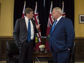 Ontario Premier Doug Ford and Toronto Mayor John Tory meet inside the Premier's office at Queen's Park in Toronto on Monday, July 9, 2018. A published report suggests the Ontario government is poised to reduce Toronto city council to just over half its current size.