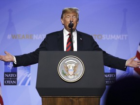 U.S. President Donald Trump speaks during a press conference after a summit of heads of state and government at NATO headquarters in Brussels, Belgium, Thursday, July 12, 2018. NATO leaders gather in Brussels for a two-day summit.