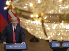 U.S. President Donald Trump speaks during a press conference after the meeting of U.S. President Donald Trump and Russian President Vladimir Putin at the Presidential Palace in Helsinki, Finland, Monday, July 16, 2018.