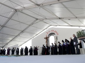Pope Francis hosts a daylong prayer for peace in the Middle East with an unprecedented gathering of Orthodox patriarchs and Catholic leaders in Bari, southern Italy, Saturday, July 7, 2018. Pope Francis is on a one-day pilgrimage to Bari, an Adriatic port city, to reflect and pray on the plight of Christians in the Middle East.