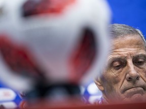 Uruguay head coach Oscar Tabarez looks down during a news conference prior Uruguay's official training on the eve of the round of 16 match between Portugal and Uruguay at the 2018 soccer World Cup in the Fisht Stadium in Sochi, Russia, Friday, June 29, 2018.