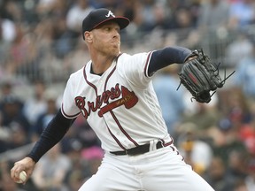 Atlanta Braves' Mike Foltynewicz pitches against the Los Angeles Dodgers during the first inning of a baseball game Friday, July 27, 2018, in Atlanta.