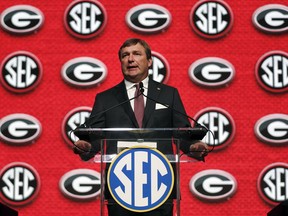 Georgia head coach Kirby Smart speaks duringSoutheastern Conference Media Days Tuesday, July 17, 2018, in Atlanta.