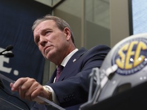 Texas A&M head coach Jimbo Fisher speaks during NCAA college football Southeastern Conference media days at the College Football Hall of Fame in Atlanta, Monday, July 16, 2018.