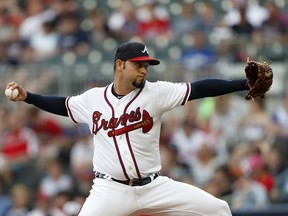 Atlanta Braves starting pitcher Anibal Sanchez works in the first inning of the team's baseball game against the Los Angeles Dodgers on Thursday, July 26, 2018 in Atlanta.