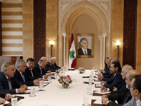 Prime Minister-designate Saad Hariri, center right, meets with Russia's special presidential envoy to Syria Alexander Lavrentiev, second left, and Russian Deputy Foreign Minister Sergei Vershinin, left, at his house in downtown Beirut, Lebanon, Thursday, July 26, 2018. The Russian delegation is in Lebanon to discuss Russian proposals for organizing the return of Syrian refugees from Lebanon and Syria to their homes in Syria.