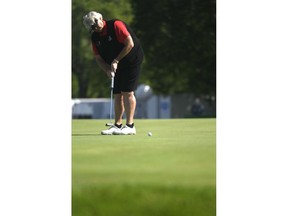 Laura Davies of England follows her putt on the second green during the final round of the U.S Senior Women's Open golf tournament at the Chicago Golf Club, Sunday, July 15, 2018, in Wheaton, Ill.