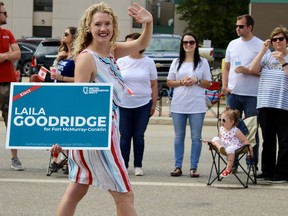 Laila Goodridge, Fort McMurray-Conklin UCP candidate, marches in the Canada Day Parade in Fort McMurray, Alta.