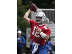 Indianapolis Colts quarterback Andrew Luck (12) throws on the first day of practice at the NFL team's football training camp in Westfield, Ind., Thursday, July 26, 2018.