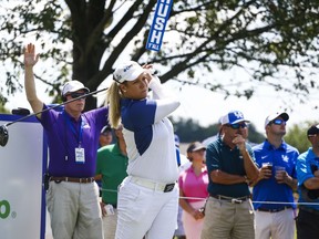 Brittany Lincicome competes in the PGA Tour Barbasol Championship at Keene Trace Golf Club in Nicholasville, Ky., Wednesday, July 18, 2018.