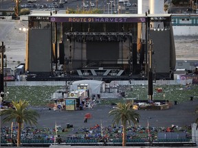 In this Oct. 3, 2017, file photo, debris litters a concert festival grounds after an Oct. 1 mass shooting in Las Vegas.