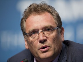 FILE - In this Feb. 18, 2014 file Former FIFA Secretary General Jerome Valcke speaks during a news conference for the 2014 World Cup in Florianopolis, Brazil. Jerome Valcke's 10-year ban from football was upheld by the Court of Arbitration for Sport on Friday July 27, 2018. The secretary general at FIFA for eight years during Sepp Blatter's presidency was fired in 2016 and banned from all football-related activity for 10 years by the FIFA ethics committee.