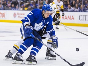 Former Toronto Maple Leaf Leo Komarov during 1st period action against the Pittsburgh Penguins Kris Letang at the Air Canada Centre in Toronto, Ont. on Saturday March 10, 2018.