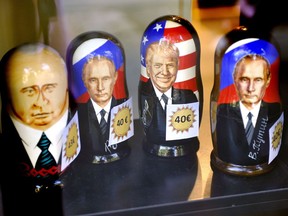 Russian Matryoshka dolls depicting Russian President Vladimir Putin and U.S. President Donald Trump are on sale in the Ruslania book store in Central Helsinki, Monday, July 9, 2018. Putin and Trump are scheduled to meet in Helsinki on Monday, July 16.