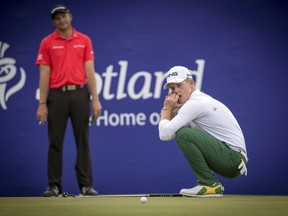 South Africa's Brandon Stone reacts after his putt for a 59 on the 18th came up just short during day four of the Scottish Open at Gullane Golf Club, East Lothian, Scotland, Sunday, July 15, 2018. The elusive round of 59 on the European Tour is safe for another tournament. South African golfer Brandon Stone had an 8-foot birdie putt on No. 18 at the Scottish Open on Sunday for the first sub-60 round in the 46-year history of the European Tour. He narrowly missed it.