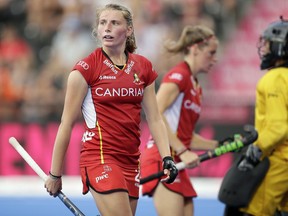 Belgium's Stephanie Vanden Borre looks dejected during the group stage match between New Zealand and Belgium in the Women's Hockey World Cup at the at the Lee Valley Hockey and Tennis Centre in London, Sunday July 22, 2018.