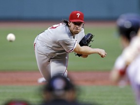 Philadelphia Phillies starting pitcher Aaron Nola (27) delivers during the first inning of a baseball game against the Boston Red Sox at Fenway Park in Boston, Monday, July 30, 2018.