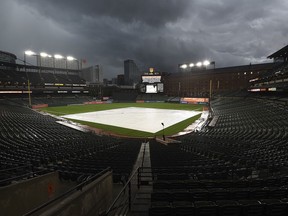 Thunderstorms pass over Oriole Park at Camden Yards before the Baltimore Orioles and the Tampa Bay Rays baseball game, Friday, July 27, 2018, in Baltimore.