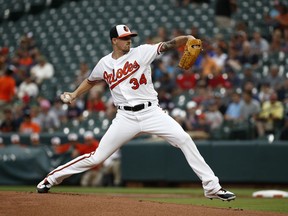 Baltimore Orioles starting pitcher Kevin Gausman throws to the Boston Red Sox in the first inning of a baseball game, Monday, July 23, 2018, in Baltimore.