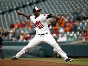 Baltimore Orioles starting pitcher Yefry Ramirez throws to the Boston Red Sox in the first inning of a baseball game, Tuesday, July 24, 2018, in Baltimore.