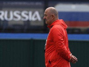 Russia head coach Stanislav Cherchesov attends a Russia official training at the 2018 soccer World Cup at Park Arena in Sochi, Russia, Friday, July 6, 2018 on the eve of the quarter-final match between Russia and Croatia at the 2018 soccer World Cup.