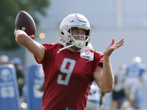 Detroit Lions quarterback Matthew Stafford throws during a drill during NFL football practice, Monday, July 30, 2018, in Allen Park, Mich.