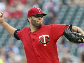 Minnesota Twins pitcher Lance Lynn throws against the Baltimore Orioles in the first inning of a baseball game Friday, July 6, 2018, in Minneapolis.