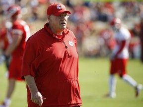 Kansas City Chiefs coach Andy Reid watches a drill during NFL football training camp Thursday, July 26, 2018, in St. Joseph, Mo.