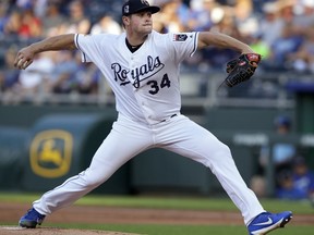 Kansas City Royals starting pitcher Trevor Oaks delivers to a Cleveland Indians batter during the first inning of a baseball game at Kauffman Stadium in Kansas City, Mo., Wednesday, July 4, 2018.