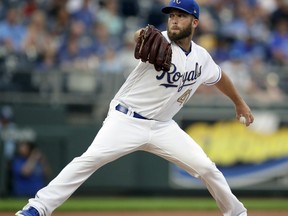 Kansas City Royals starting pitcher Danny Duffy delivers to a Minnesota Twins batter during the first inning of a baseball game at Kauffman Stadium in Kansas City, Mo., Friday, July 20, 2018.