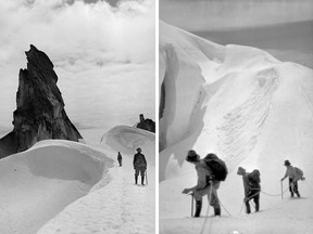 Left: The Munday climbing party approaches Mystery Mountain in 1934. Right: Members of the Munday climbing party on a trip to Mount Waddington in 1928.