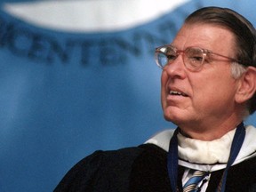In this Oct. 12, 1993, photo, UNC system president C.D. Spangler Jr. appears at the kick off ceremony for the UNC-CH campus bicentennial in Chapel Hill, N.C. Billionaire philanthropist Spangler, who led North Carolina's university system for more than a decade, has died. He was 86. Spangler died Sunday, July 22, 2018, according to the University of North Carolina System.