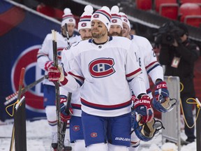 In this Dec. 15, 2017 file photo, Montreal Canadiens defenceman Shea Weber leads his team out to the ice for an outdoor practice in Ottawa before the NHL 100 Classic.