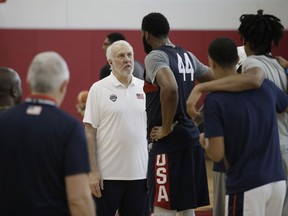 United States men's national team coach Gregg Popovich speaks with players during a training camp for USA Basketball, Friday, July 27, 2018, in Las Vegas.