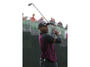 Sacramento Kings' Vince Carter tees off on the first hole at the American Century Golf Championship, Friday, July 13, 2018, at the Edgewood Tahoe Golf Course in Stateline, Nev.