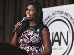 FILE - In this April 27, 2017 file photo, Omarosa Manigault, political aide and communications director for the Office of Public Liaison at the White House under President Donald Trump's administration, speaks at the Women's Power Luncheon of the 2017 National Action Network convention, in New York.   Omarosa Manigault Newman has a memoir coming that her publisher calls "explosive" and "jaw-dropping." The book is called "Unhinged." Gallery Books announced Thursday, July 26, 2018,  that it will be released on Aug. 14. Manigault Newman was a Trump ally who joined his administration in January 2017 as a White House communications director.