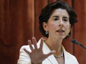 FILE - In this Jan. 16, 2018 file photo, Rhode Island Democratic Gov. Gina Raimondo delivers her State of the State address to lawmakers and guests in the House Chamber at the Statehouse in Providence, R.I.  Raimondo will hold the first event Monday at Scarborough State Beach in Narragansett. She'll be joined by members of her Office of Constituent Services to help connect residents with various services. While there, she plans to sign an executive order to reduce reliance on single-use plastics that can end up in the state's waters.