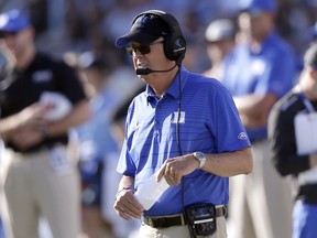 FILE - In this Saturday, Sept. 23, 2017, file photo, Duke head coach David Cutcliffe watches during the second half of an NCAA college football game against North Carolina in Chapel Hill, N.C. The Atlantic Coast Conference opens its preseason media days Wednesday, July 18, 2018 with a focus on the Coastal Division.