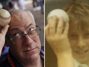 At left, Associated Press baseball writer Ben Walker poses in a dugout with the ball that hit him during the 1969 All-Star game, Sunday, July 15, 2018, at Nationals Park, in Washington. At right, in a July 23, 1969, photo, 11-year-old Ben Walker poses with the Johnny Bench foul ball that hit him in the head at the baseball All-Star game at RFK Stadium in Washington on July 23, 1969. Walker will be at the 2018 All-Star game in Washington scheduled for Tuesday, July 17, 2018. (AP Photo)