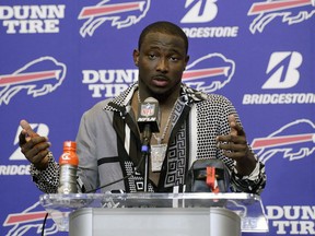 FILE - In this Sept. 24, 2017, file photo, Buffalo Bills running back LeSean McCoy talks to reporters after an NFL football game against the Denver Broncos, in Orchard Park, N.Y. McCoy says an allegation posted on social media accusing him of bloodying his former girlfriend's face is baseless and false. An Instagram post Tuesday, July 10, 2018, from a person who says she is friends with the woman showed a graphic photo of the former girlfriend and accuses McCoy of physically abusing her, his son and his dog, as well as injecting steroids.