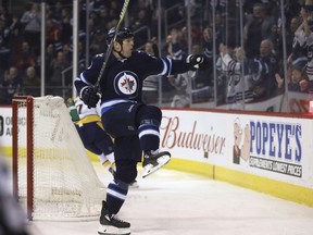 FILE - In this Feb. 27, 2018, file photo, Winnipeg Jets' Matt Hendricks celebrates after scoring against the Nashville Predators during the second period of an NHL hockey game, in Winnipeg, Manitoba. The Minnesota Wild are bringing in a couple of veteran forwards, agreeing to one-year deals with Matt Hendricks and Eric Fehr. A person with direct knowledge of discussions tells The Associated Press the Wild agreed to a $700,000 contract with the 37-year-old Hendricks. A second person with direct knowledge of talks says the Wild have also agreed to a deal with Fehr. The people spoke on condition of anonymity because the contracts cannot be signed until the free agent signing period opens later Sunday, July 1, 2018.