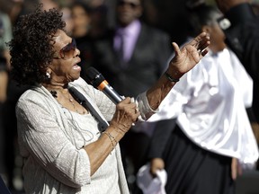 FILE - In this Oct. 19, 2017, file photo, Cissy Houston, mother of the late singer Whitney Houston, performs with the New Hope Baptist Choir during the grand opening of the Grammy Museum Experience at Prudential Center, in Newark, N.J. "Whitney" executive producer Patricia Houston had to tell her mother in-law Cissy Houston that the allegations that her daughter and son were molested would be in an upcoming documentary. The film is out Friday, July 6, 2018.