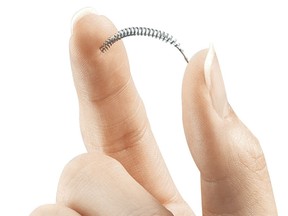 FILE - This image provided by Bayer Healthcare Pharmaceuticals shows the birth control implant Essure. On Friday, July 20, 2018, the maker of the permanent contraceptive implant subject to thousands of injury reports from women and repeated safety restrictions by U.S. regulators says it will stop selling the device at the end of the year due to weak sales. (Bayer Healthcare Pharmaceuticals via AP)