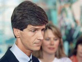 FILE - In this Aug. 28, 1989, file photo, U.S. Rep. Pat Swindall, left, with his wife, Kim Swindall, talks to members of the media after he was sentenced to one year in prison for lying to a federal grand jury about a loan he negotiated with an undercover agent posing as a drug-money launderer, in Atlanta. The former congressman who was a Republican trailblazer in Georgia politics before his career was derailed by a perjury conviction has died Tuesday, July 10, 2018, at age 67. Swindall's former campaign manager and chief of staff, Robb Austin, confirmed his death Thursday, July 12, to The Associated Press.